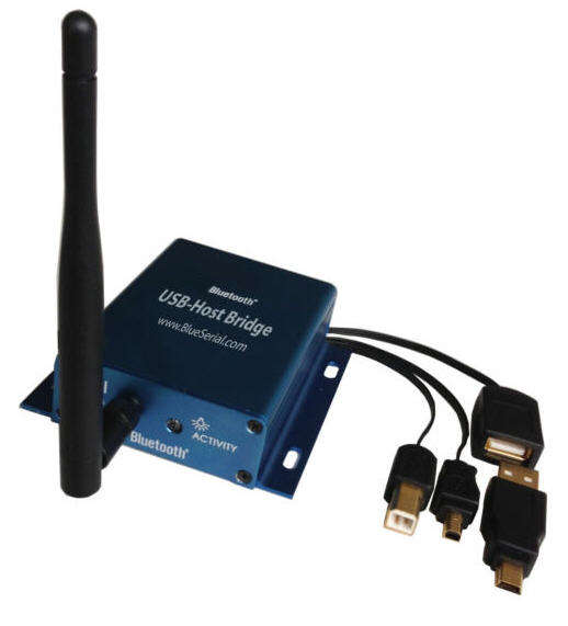 BlueSerial USB Bluetooth Host-Bridge Adapter für USB Peripheriegeräte. Optional mit integriertem Akku auch zur Stromversorgung kleiner Geräte oder Sensoren